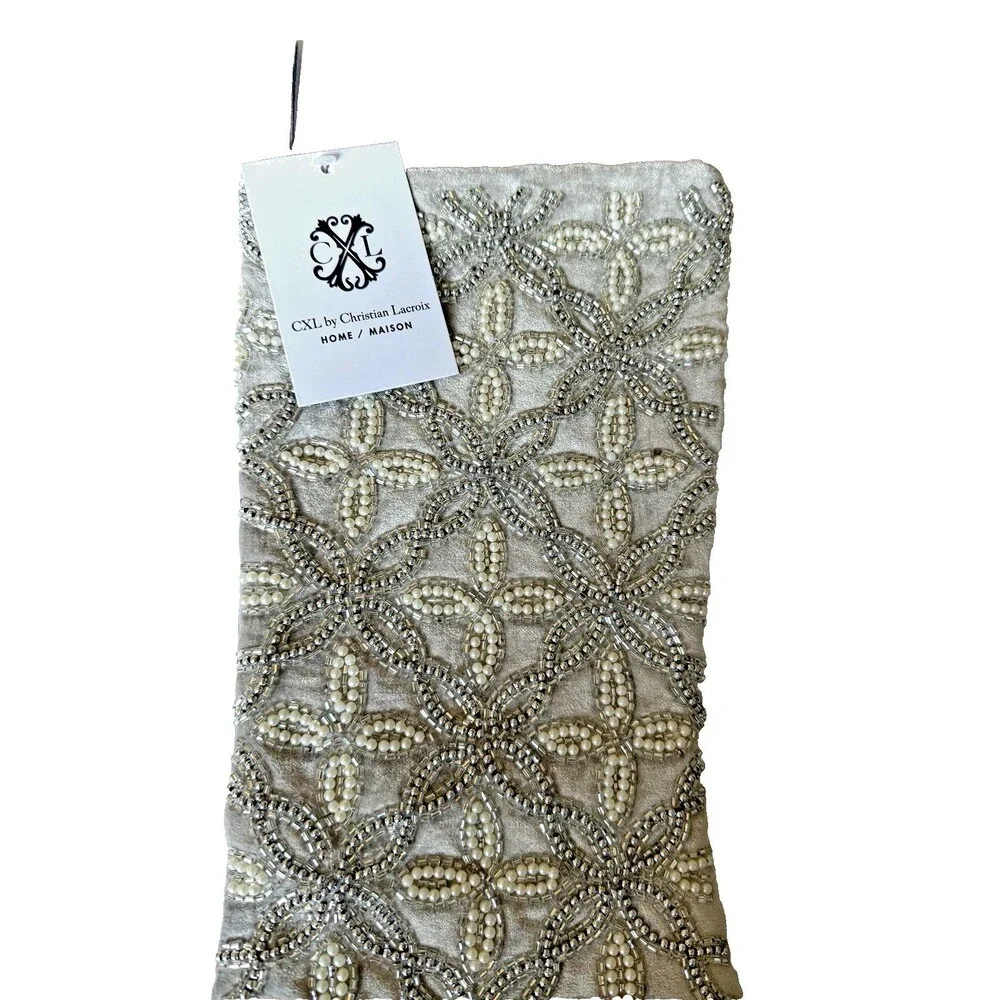 Christian Lacroix Luxury Gray Velvet Christmas Stocking Beads Pearls Holiday